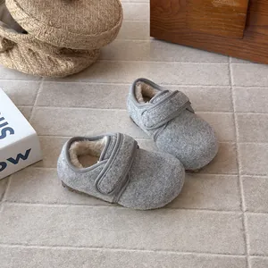 Grey wool children's slip-on shoes with warm fleece lining and soft rubber soles