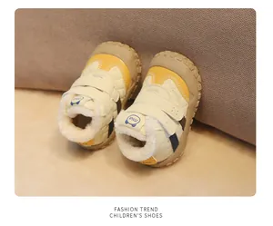 Close-up detail of winter toddler shoes featuring warm plush lining and secure velcro straps