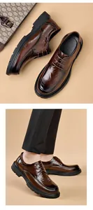 Detail of men's dark brown leather derby shoes with hand-grab texture and thick sole.