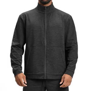 Men's dark grey athletic full-zip jacket with breathable knit fabric for outdoor sports