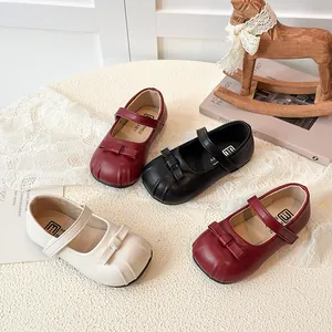 Girls Mary Janes Princess Flat Shoes Microfiber Leather Bowknot Hook And Loop Solid Color Sweet Casual School Single Shoes