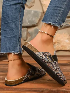 Bohemian ethnic paisley print clogs with faux fur lining and adjustable buckle strap