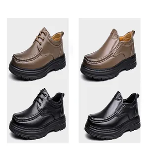 Multiple styles of men's genuine leather shoes in brown and black with thick rubber soles