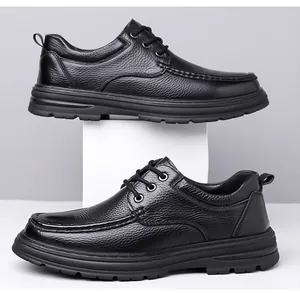 Black genuine leather men's dress shoes with non-slip thick rubber soles
