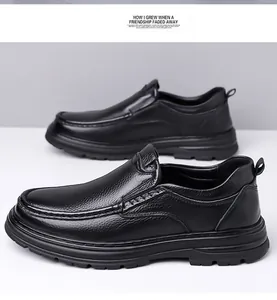 Side view of men's black top grain cowhide leather loafers with non-slip sole