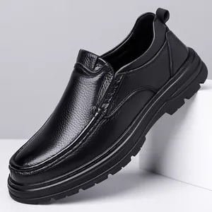 Elegant black genuine cowhide leather slip-on loafers for men with non-slip thick sole