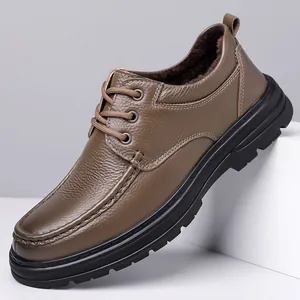 Premium brown genuine leather men's casual shoes with warm fur lining and thick sole