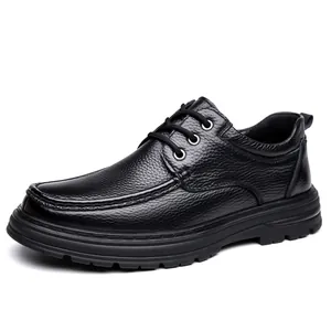 Classic men's genuine black cowhide leather shoes with non-slip thick rubber soles