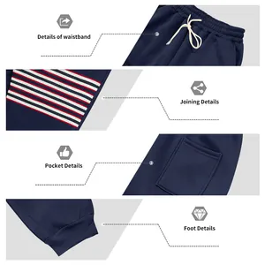Gedetailleerde weergave van navy fleece joggingbroek met taille, zak en strepen