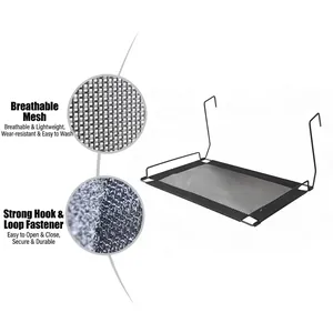 Detail views of breathable mesh and velcro on a black hanging cat hammock.