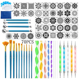 Comprehensive 70-piece mandala dotting tool set detail view featuring stencils and brushes.