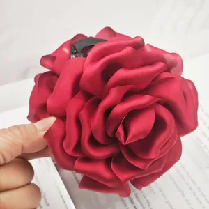Large Satin Flower Hair Claw For Women Elegant Peony Rose Hair Clip Handmade New Year Party Hair Accessories Daily Styling