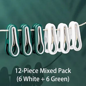 Lot de 12 pinces à linge multifonctionnelles en plastique en vert et blanc pour linge