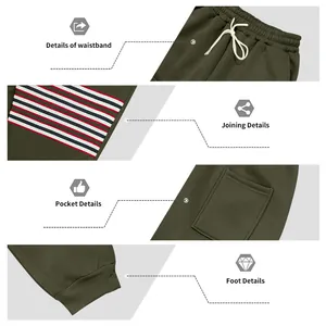 Detailweergaven van de legergroene zware joggingbroek met tailleband, zak en zoom