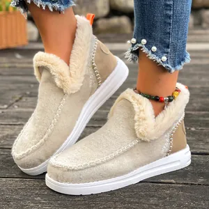 Bottes de neige d'hiver chaudes pour femmes avec doublure en fausse fourrure beige
