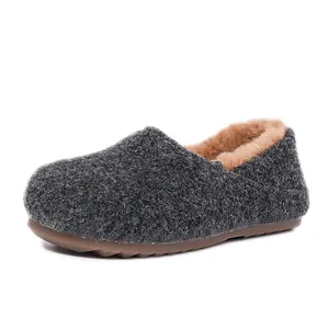 Cozy dark grey fleece-lined slip-on loafers for women with soft rubber sole