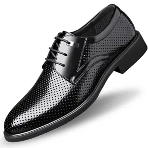 Black men's formal dress shoes with breathable hollowed-out design and lace-up closure