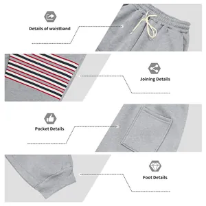 Gedetailleerde weergave van grijze fleece joggingbroek met tailleband, zak en strepen