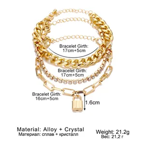 Dimensiones detalladas del conjunto de pulseras multicapa doradas con cristal y candado