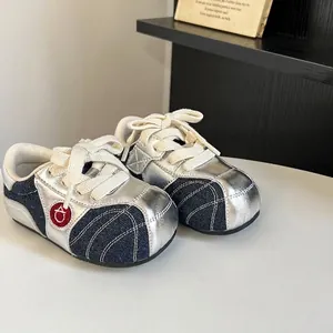 Stylish baby German trainer shoes with blue denim and silver leather patchwork