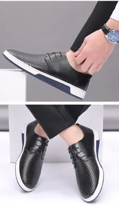 Detailed view of breathable black hollow-out leather shoes showing multiple angles