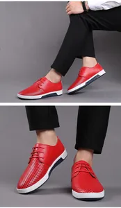 Breathable red hollow-out men's leather shoes with casual lace-up design for summer