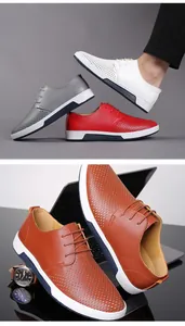 Detail view of breathable hollowed-out men's casual leather shoes in multiple colors.
