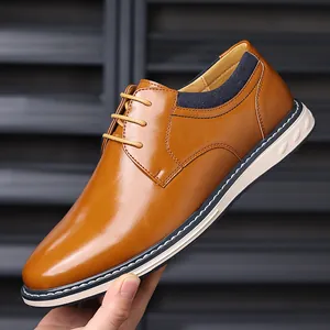 Men Business Casual PU Leather Derby Shoes Lace Up Soft Sole Fashion Large Size Stitching Round Toe Flat Oxford Shoes