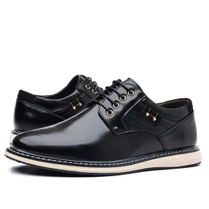 Detailed close-up view of black men's leather dress shoes with thick beige rubber sole