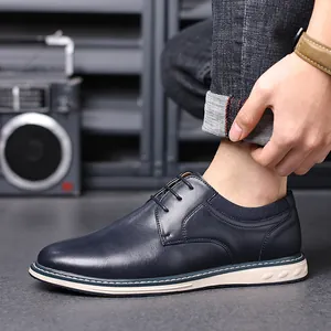 Close-up of navy blue leather Derby shoe for men in a casual British style setting