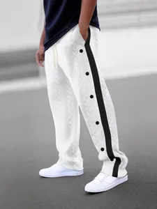 Pantalon Décontracté Homme Jacquard Torsades Bande Latérale Boutons Cordon Taille Jambe Droite Pantalon Large pour Homme Quotidien