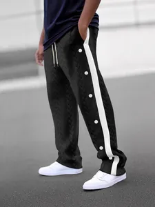 Pantalon décontracté jacquard pour homme avec rayure latérale blanche et boutons