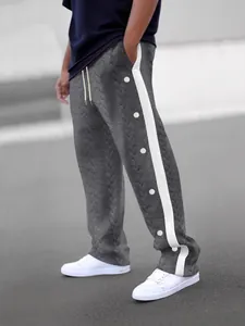 Pantalon décontracté gris foncé en jacquard pour hommes avec bandes blanches et boutons