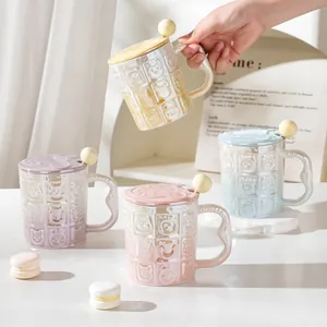Taza de Cerámica de Animales de Dibujos Animados Con Tapa y Cuchara Relieve Perlado Galvanizado Taza de Café para Mujeres Hogar Oficina
