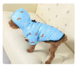Warm light blue winter dog puffer jacket with dachshund print and hood for small dogs