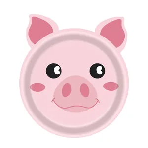 Detailed close-up view of a pink cartoon pig-shaped paper plate for kids birthday party decoration