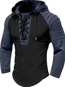 Sweat-shirt à capuche pour homme avec laçage frontal et détails de manches plissées