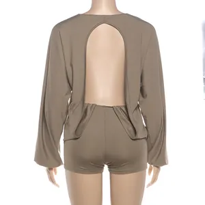 Detailed back view of a sexy khaki long sleeve backless romper for women's autumn fashion