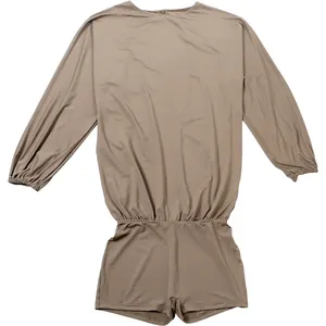 Solid khaki long sleeve romper jumpsuit featuring round neck and elastic waist detail