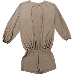 Detailed back view of a sexy solid khaki long-sleeved romper featuring a large open back design