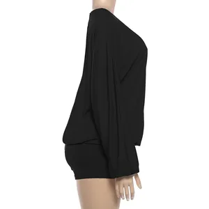 Detailed side profile of a sexy black backless long sleeve romper jumpsuit for women.