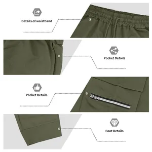Vistas detalladas de pantalones cargo para hombre que muestran cintura, bolsillos y bajo