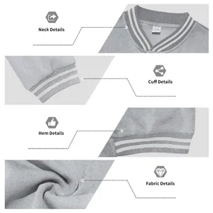Detailed views of grey fleece baseball jacket showing neck, cuff, and fabric texture