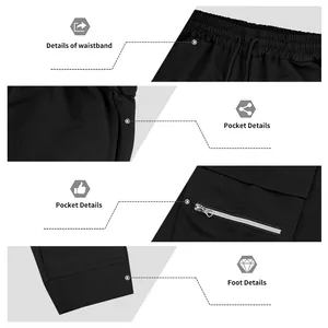 Detalles del pantalón cargo negro: cintura elástica, bolsillos con cremallera y bajo del pie.