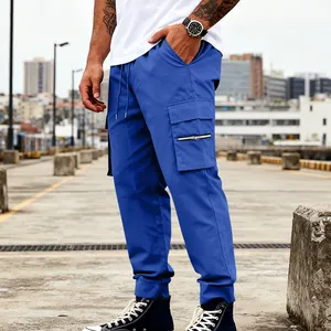 Pantalones cargo de exterior azul brillante para hombre con bolsillos y cordón elástico
