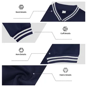 Details of men's fleece baseball jacket showing neck, ribbed cuffs, hem, and soft fabric