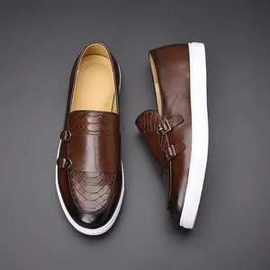 Chaussures en Cuir Décontractées pour Hommes Style Britannique à Double Boucle Mocassins en PU Gaufré Crocodile Sneakers à Semelle Épaisse Blanche
