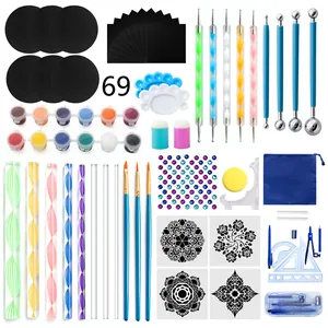 Mandala dotting tools set details, including acrylic rods, paint brushes, and stencils for art.
