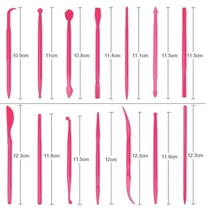Dimensions détaillées de 14 outils de modelage en fondant rose pour pâtisserie et argile