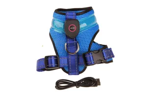 Adjustable blue LED pet harness with mesh fabric and USB charging cable included.